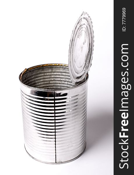 Opened tin on white background