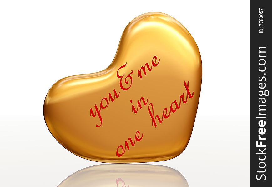 3d golden heart, red letters, text - you & me in one heart , isolated. 3d golden heart, red letters, text - you & me in one heart , isolated