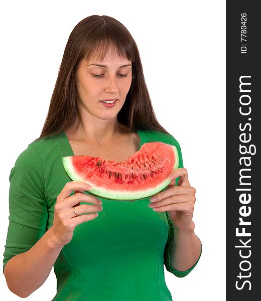 Pretty girl with water-melon isolated on white. Pretty girl with water-melon isolated on white