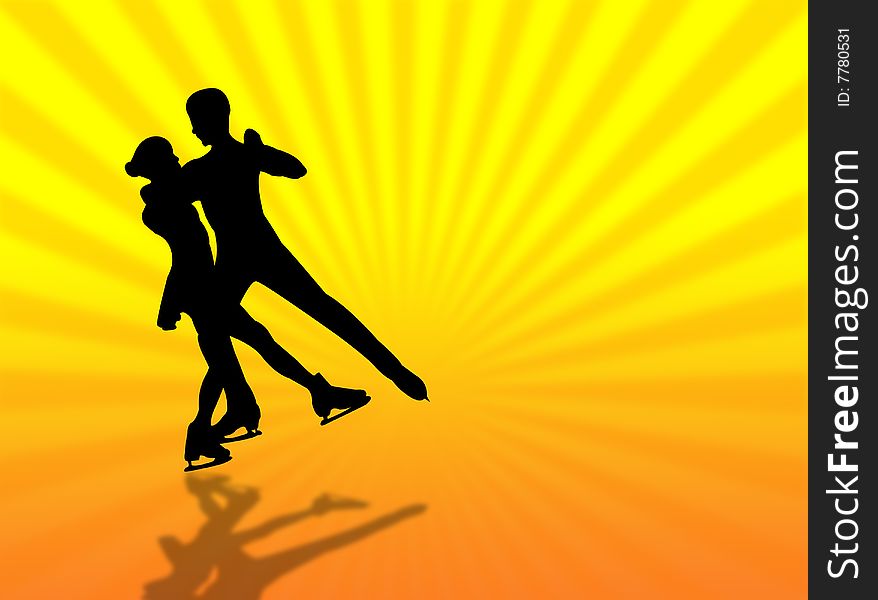 Couple skating on a colorful background with sunburst