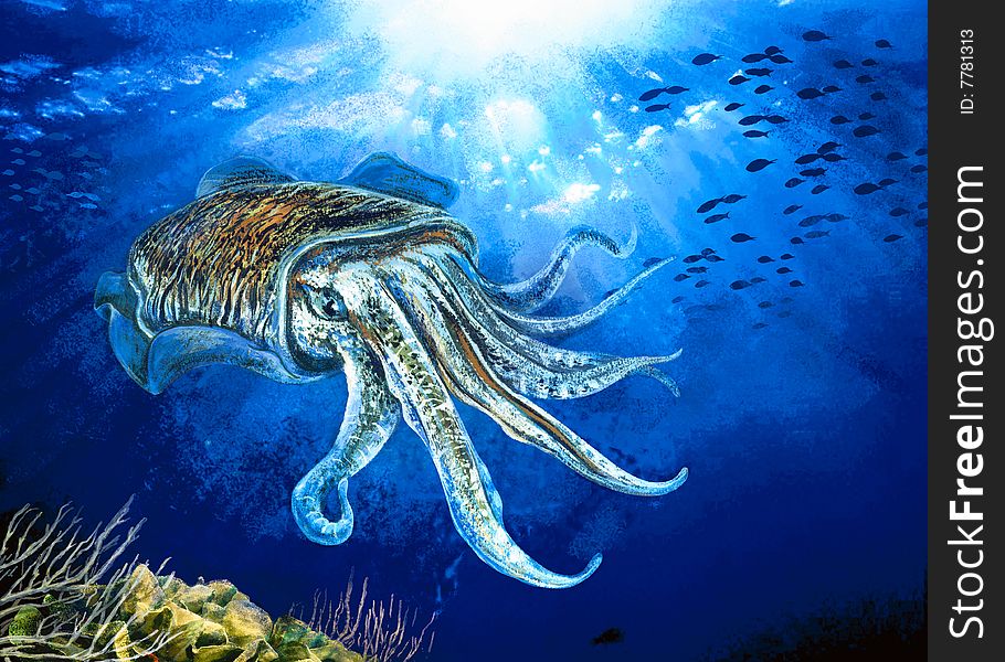 Sun light in deep blue sea. sea animals. Sun light in deep blue sea. sea animals.