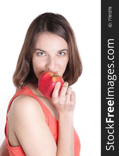 Brunette girl with a red apple