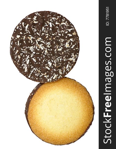 Dark chocolate and coconut covered biscuits - isolated on white