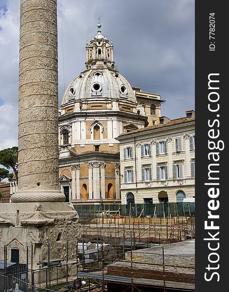 Restoration of an antique column. Rome. Italy.