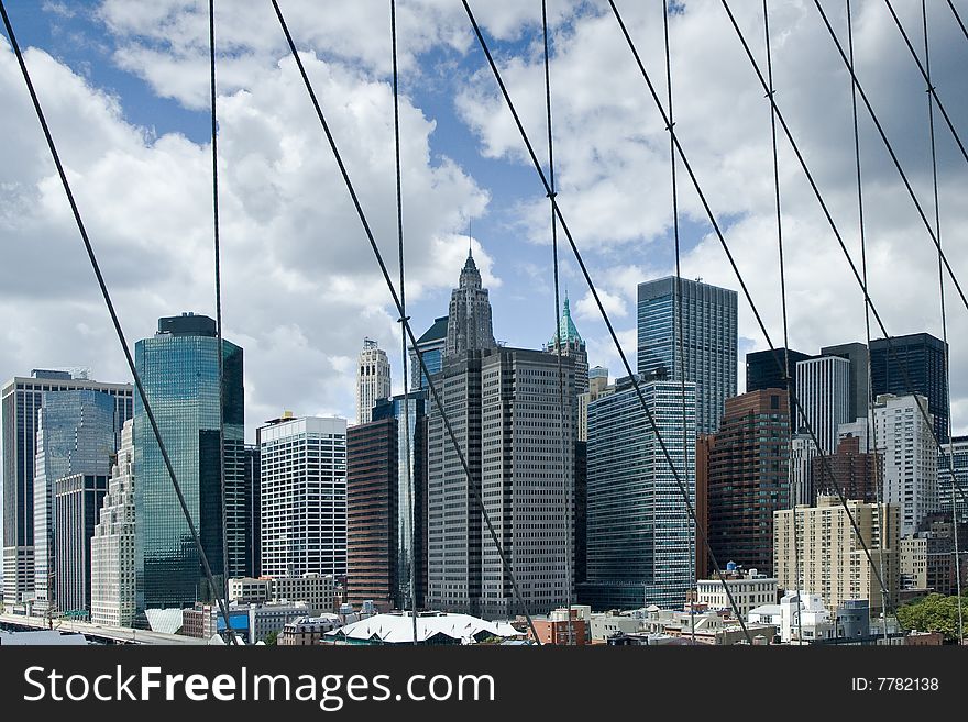 Lower Manhattan skyline viewed from Brooklyn Bridge. Lower Manhattan skyline viewed from Brooklyn Bridge.