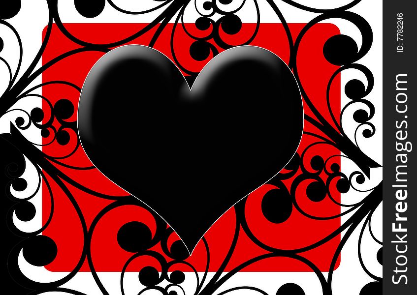 Valentine print with black heart the focus with spirals and design surrounding it.