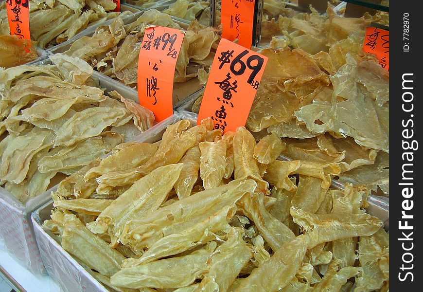 Bins of fish bladders in Chinatown market store. Bins of fish bladders in Chinatown market store