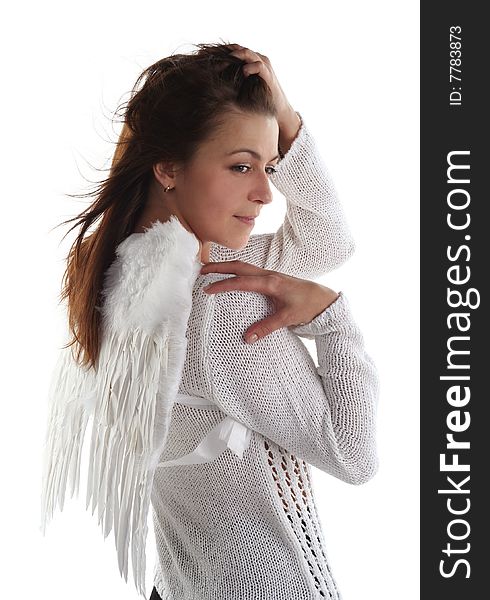 Girl like an angel isolated on white background