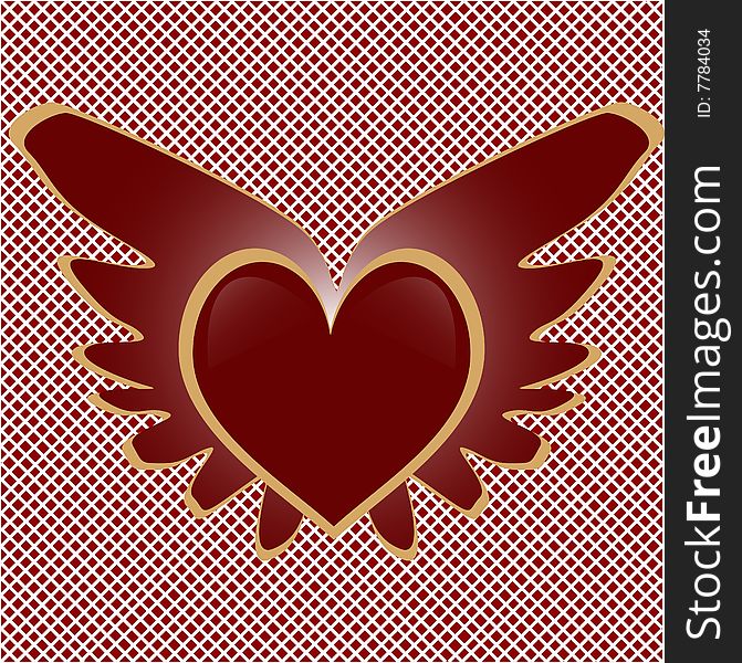 Heart with wings on a red checkered background. Heart with wings on a red checkered background