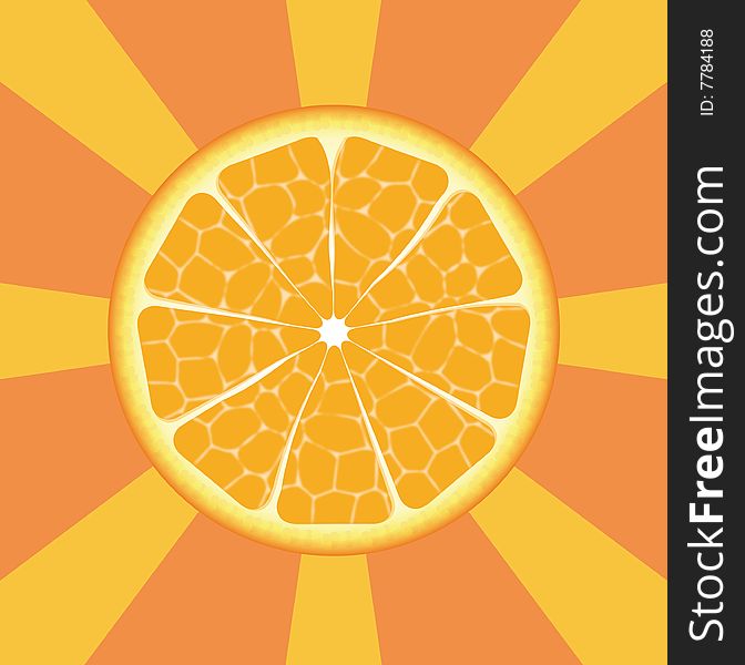 Illustration of orange fruit on rays background. Illustration of orange fruit on rays background