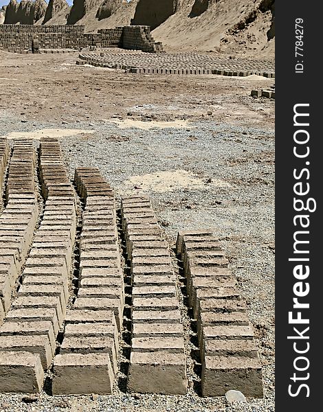 Mud bricks drying in the desert of Peru