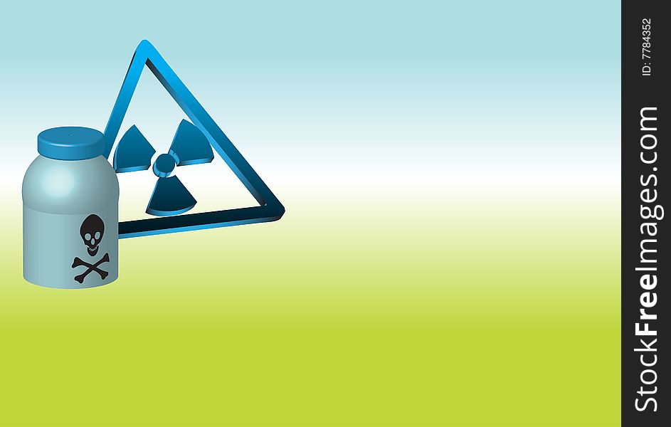 Abstract colorful illustration with blue bottle containing poisonous substances and radioactive symbol. Abstract colorful illustration with blue bottle containing poisonous substances and radioactive symbol
