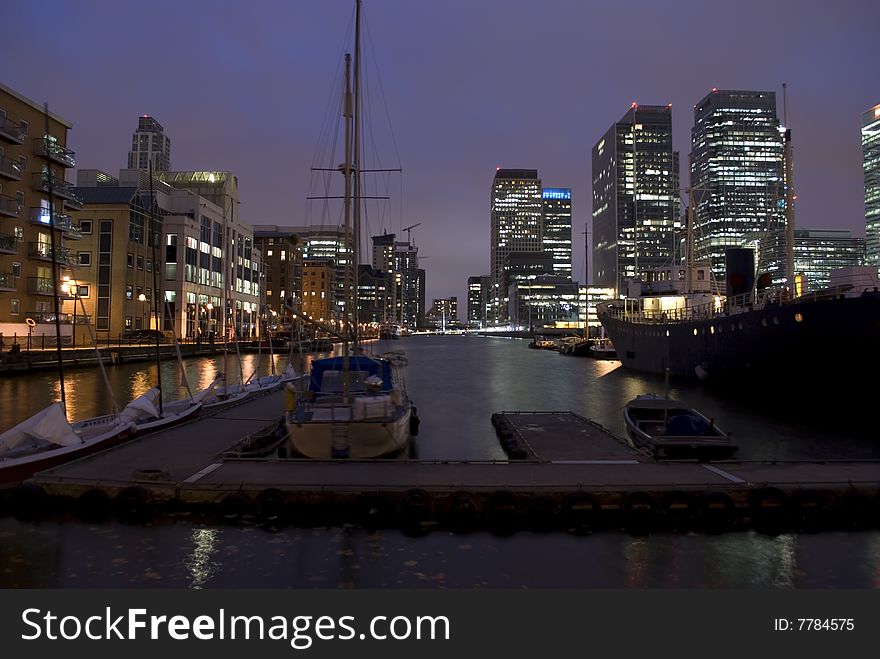 Canary Wharf area of London at sunset. Canary Wharf area of London at sunset