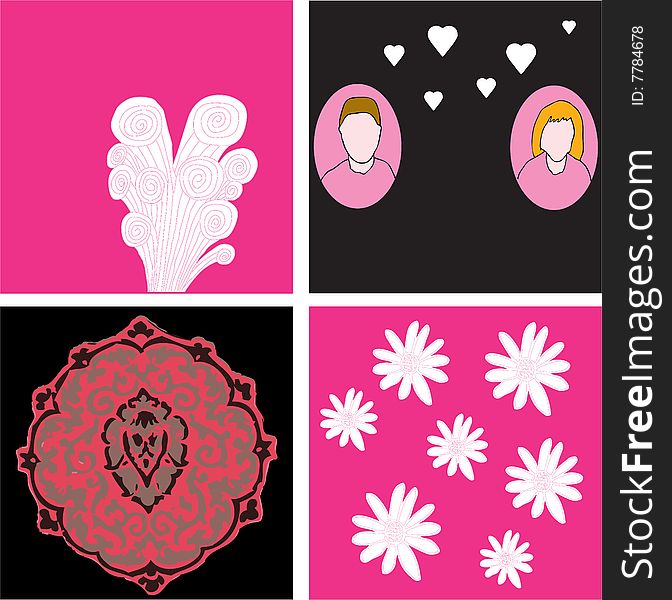 Four Valentine love designs with black and pink backgrounds. Four Valentine love designs with black and pink backgrounds.