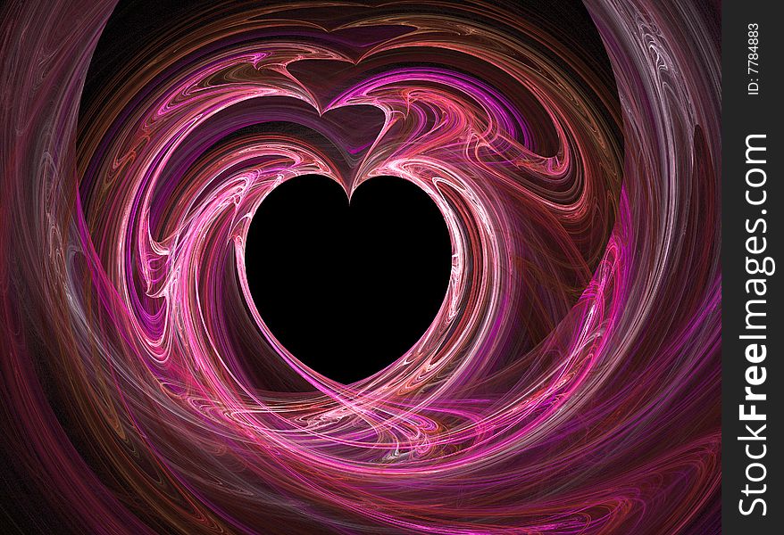 A black heart surrounded by swirls of pink and purple. A black heart surrounded by swirls of pink and purple.