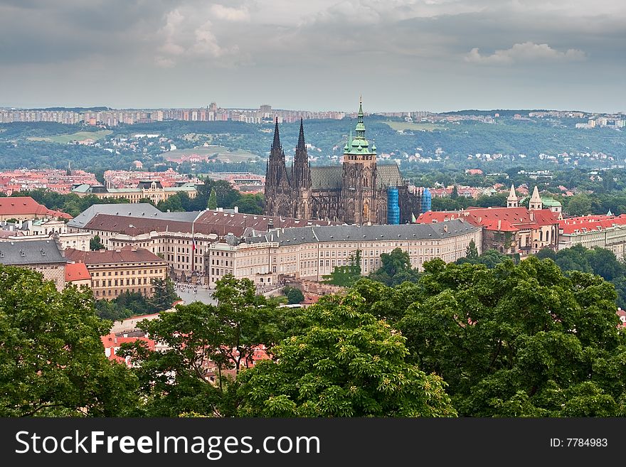 View of the center of old part Prague. Saint Vit cathedral.