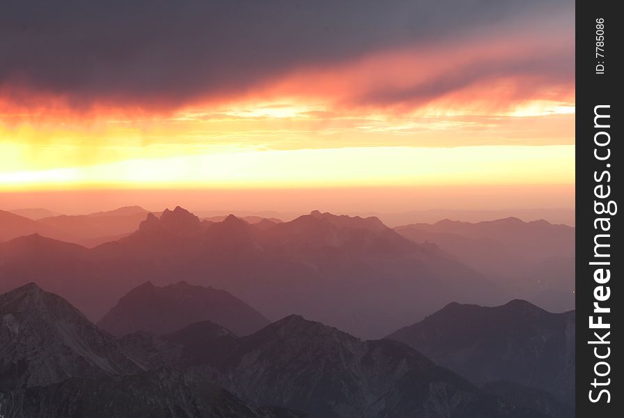 Sundown in the Alpine mountains