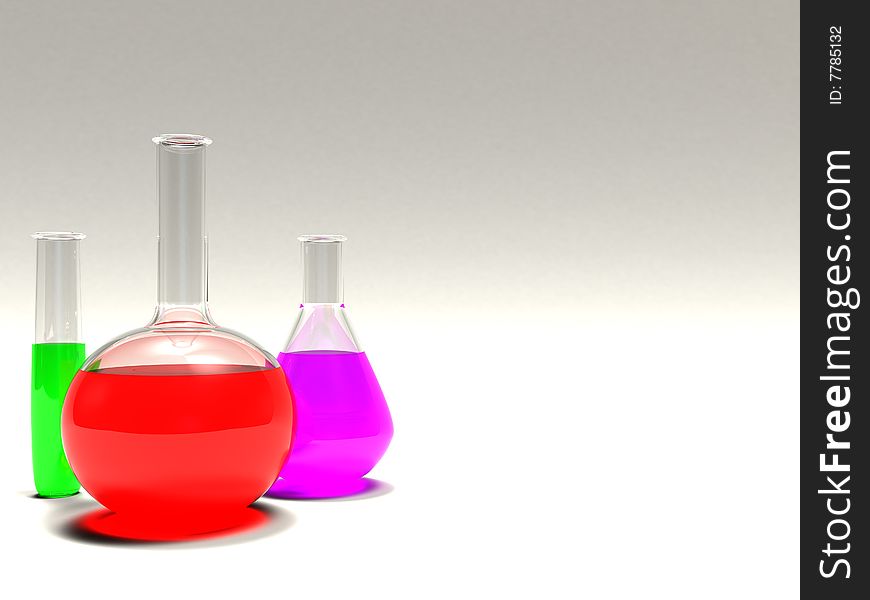 3d illustration of background with chemical bottles on left side. 3d illustration of background with chemical bottles on left side