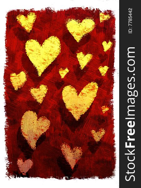 Golden hearts on red background (hand drawn - raster)