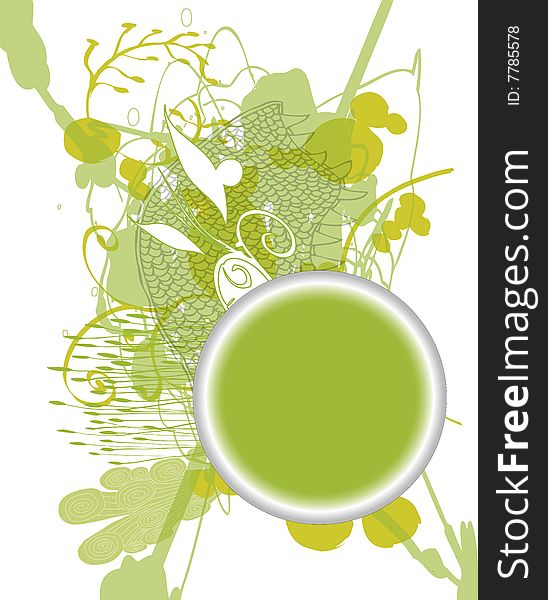 A blank gradient filled circle is surrounded by floral designs in shades of green. A blank gradient filled circle is surrounded by floral designs in shades of green.