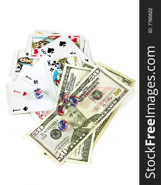 Playing cards, dices , money on white background. Playing cards, dices , money on white background