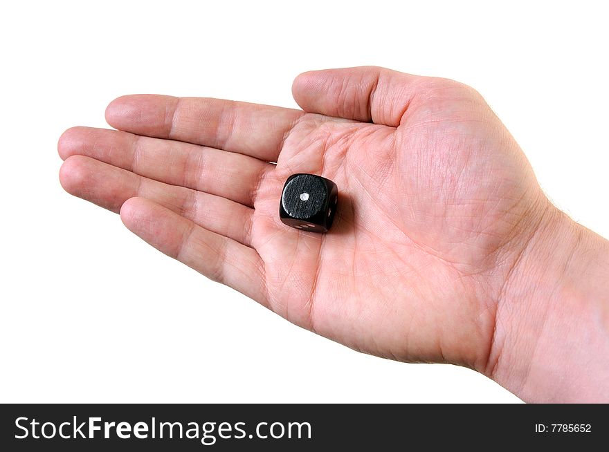 Hand holding dice over white background