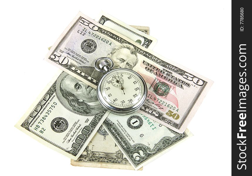 Soft money and old stopwatch on white background. Soft money and old stopwatch on white background