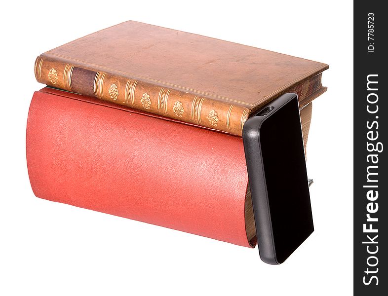 Old leather bound books with a computer hard drive isolated on a white background