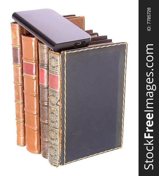 Old Leather Bound Books With A Computer Hard Drive