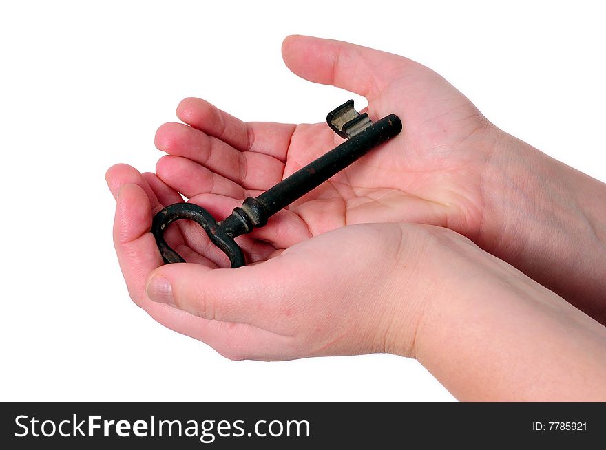 Key in a hand on white background