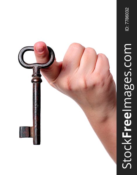 Key in a hand on white background