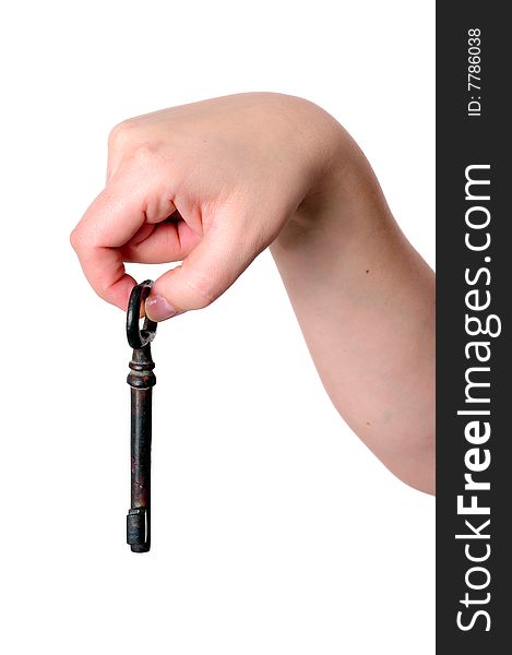 Key in a hand on white background