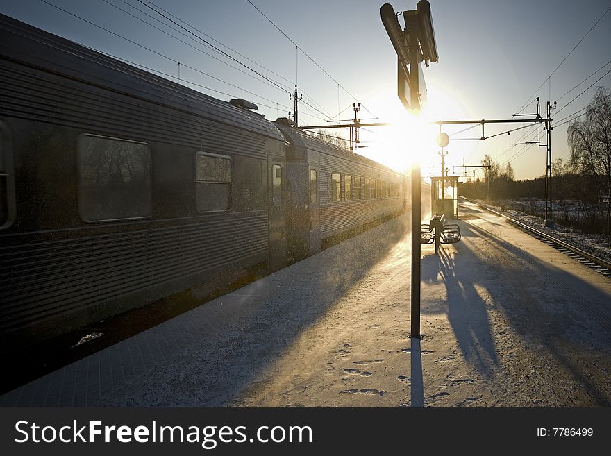 Railway platform in the Scandinavian winter