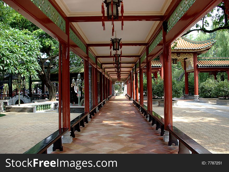A long corridor in the Baomo garden of Guangzhou,China.