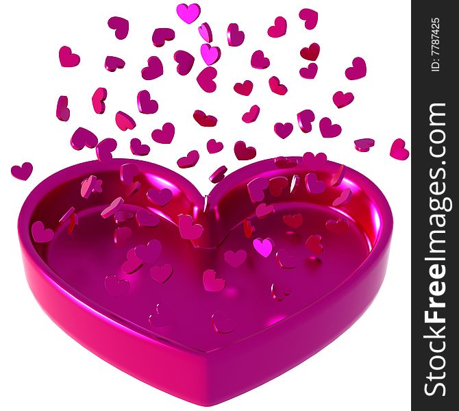 3D rendered Illustration of valentine hearts falling in a heart shaped tray