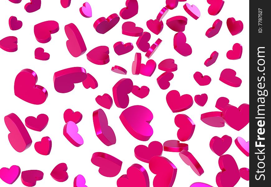 3D rendered Illustration of valentine hearts raining in front of a white background. 3D rendered Illustration of valentine hearts raining in front of a white background