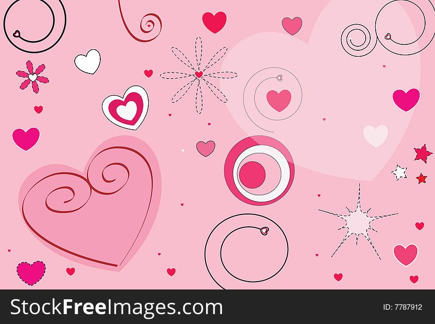 Symbols with hearts on pink background