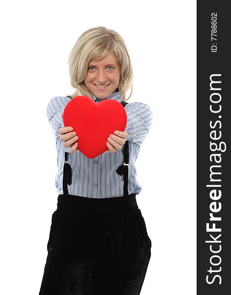 Woman with red heart isolater on white. Woman with red heart isolater on white