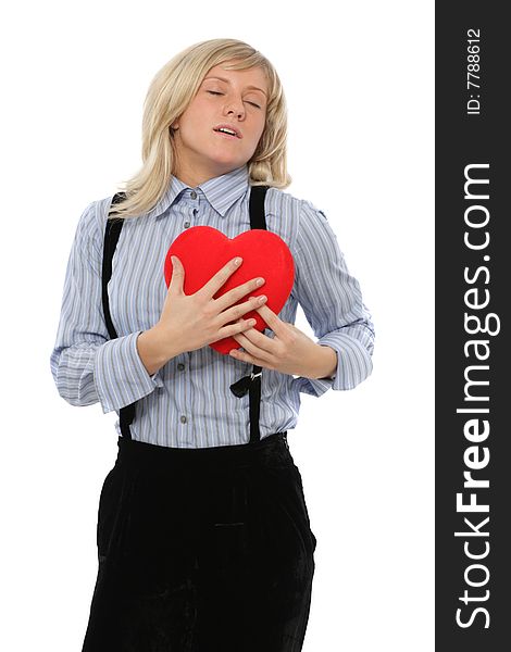 Woman with red heart isolater on white. Woman with red heart isolater on white