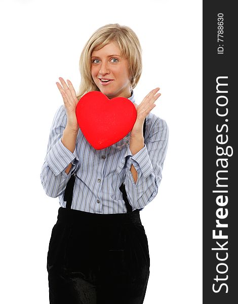 Woman with red heart isolater on white. Woman with red heart isolater on white