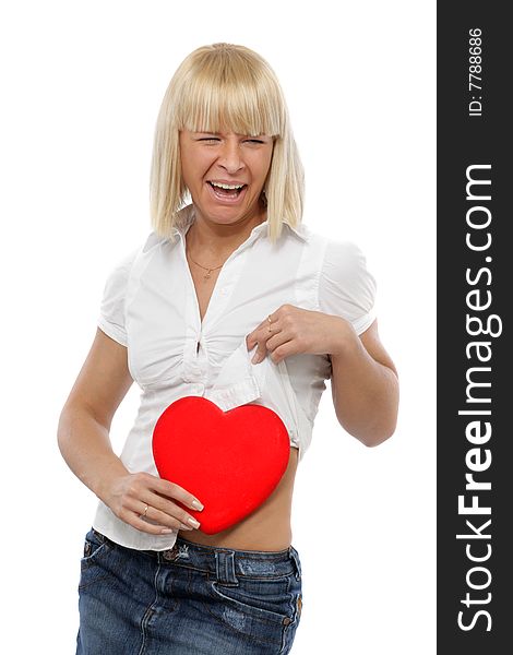 Woman with red heart isolater on white. Woman with red heart isolater on white