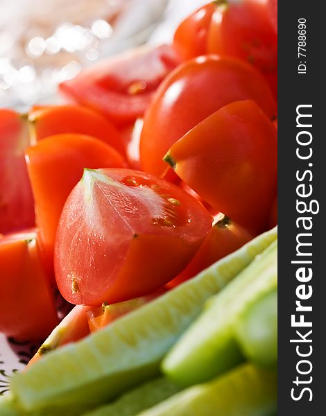 Food series: red fresh and ripe sliced tomatoes