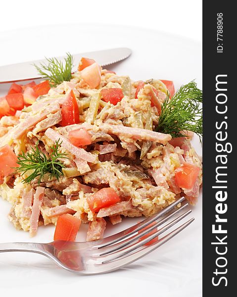 Salad Comprises Chopped Smoked Chicken and Champignon Dressed with Dill and Tomatoes. Isolated on White Background. Salad Comprises Chopped Smoked Chicken and Champignon Dressed with Dill and Tomatoes. Isolated on White Background