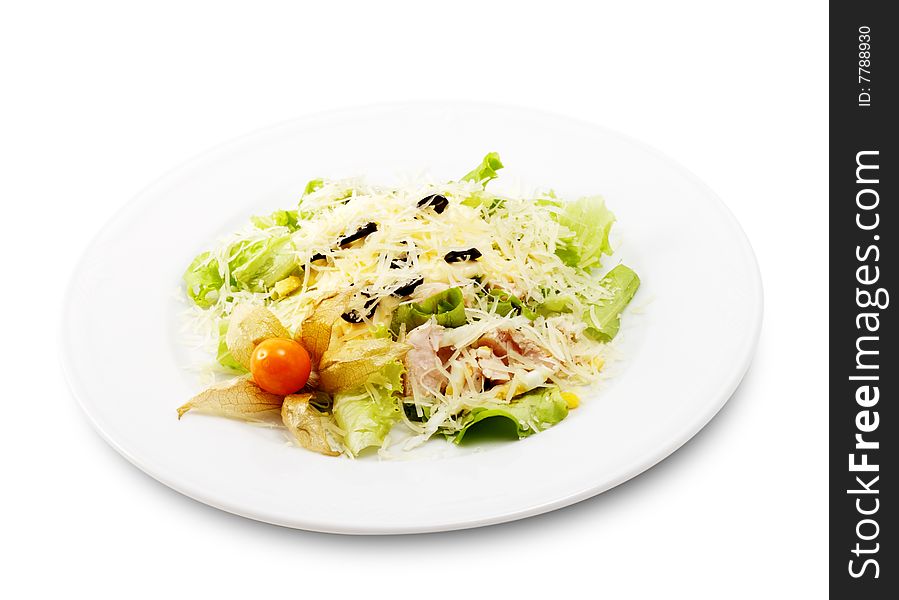 Caesar Salad Comprises Romaine Lettuce and Croutons Dressed with Parmesan cheese. Isolated on White Background