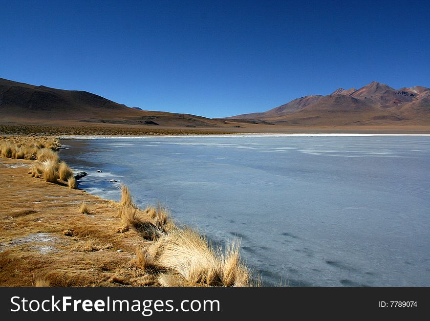 Frozen lake in desert