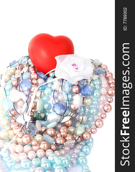 Red valentine heart,colorful pearls,beads,white ribbon.
