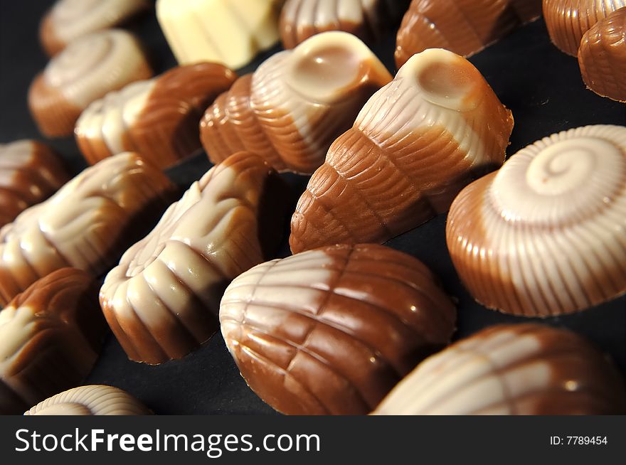 Sweet shell shape chocolates on black