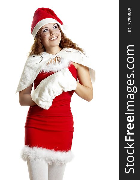 The girl in a red christmas costume. The girl in a red christmas costume