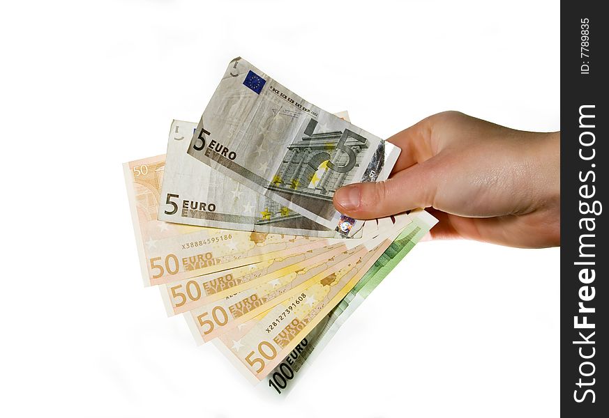 Hand with euro banknotes isolated on white. Hand with euro banknotes isolated on white