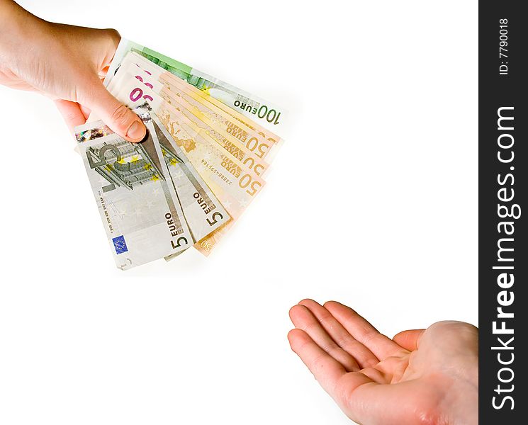 Handing over euro banknotes isolated over white